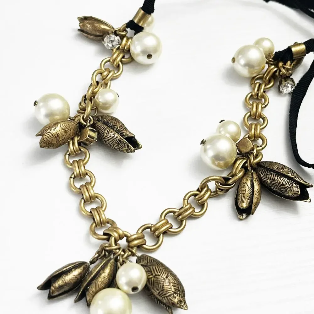J. Crew Faux Pearl & Brass Flower Buds Ribbon Necklace